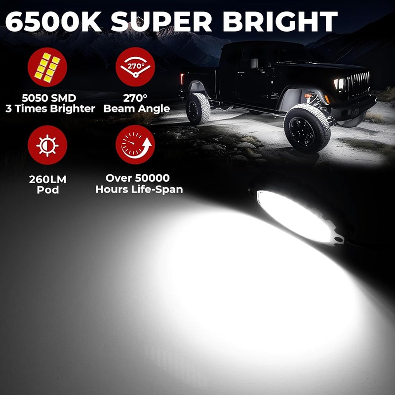 DITRIO 20 Pods Metal Aluminum White Rock Lights with Switch Wiring Harness,1860LEDs Super Bright Underglow Light Waterproof Led Lights for Trucks Jeep Off Road ATV UTV SUV,Plug and Play,Easy to Install - Image 3
